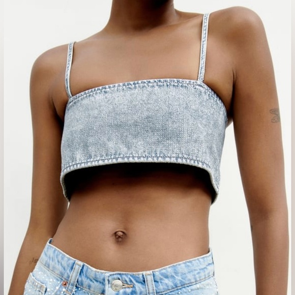 Zara RHINESTONE DENIM CROP TOP XS - S - Picture 1 of 5